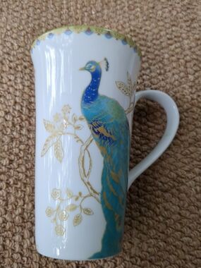 222 Fifth White Latte  Mug with Blue and Gold Peacock Garden